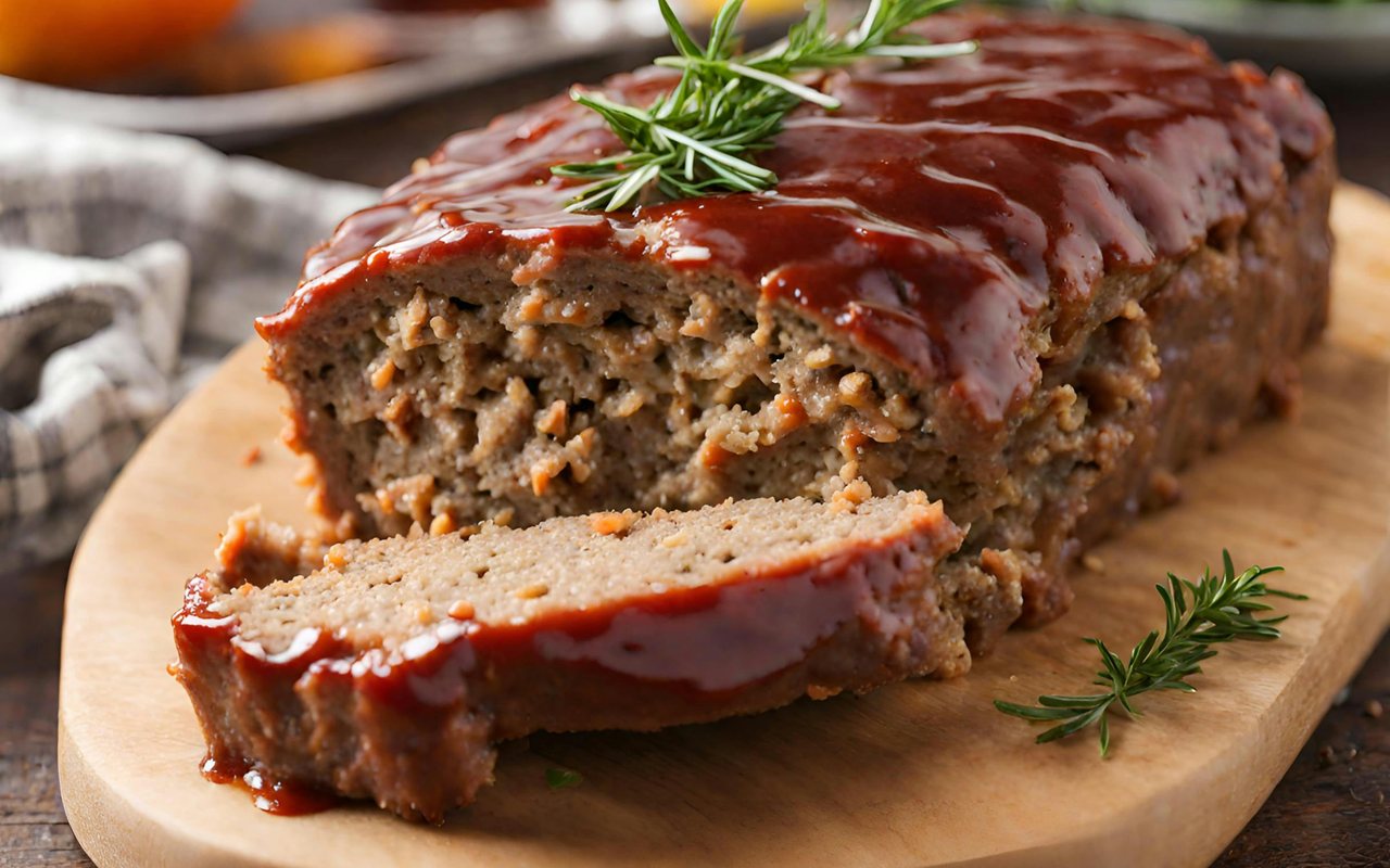 Sliced glazed meatloaf topped with fresh rosemary on a wooden cutting board.
