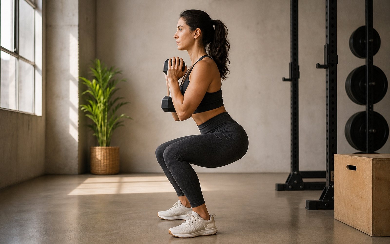 Woman holding a dumbbell in a deep goblet squat beside a power rack.