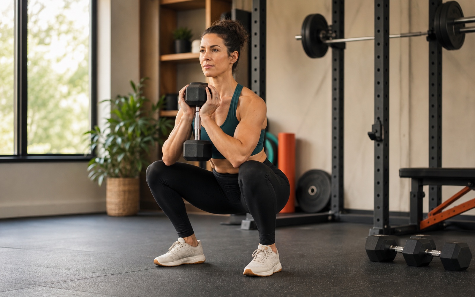 Woman performs a controlled dumbbell goblet squat in a bright gym