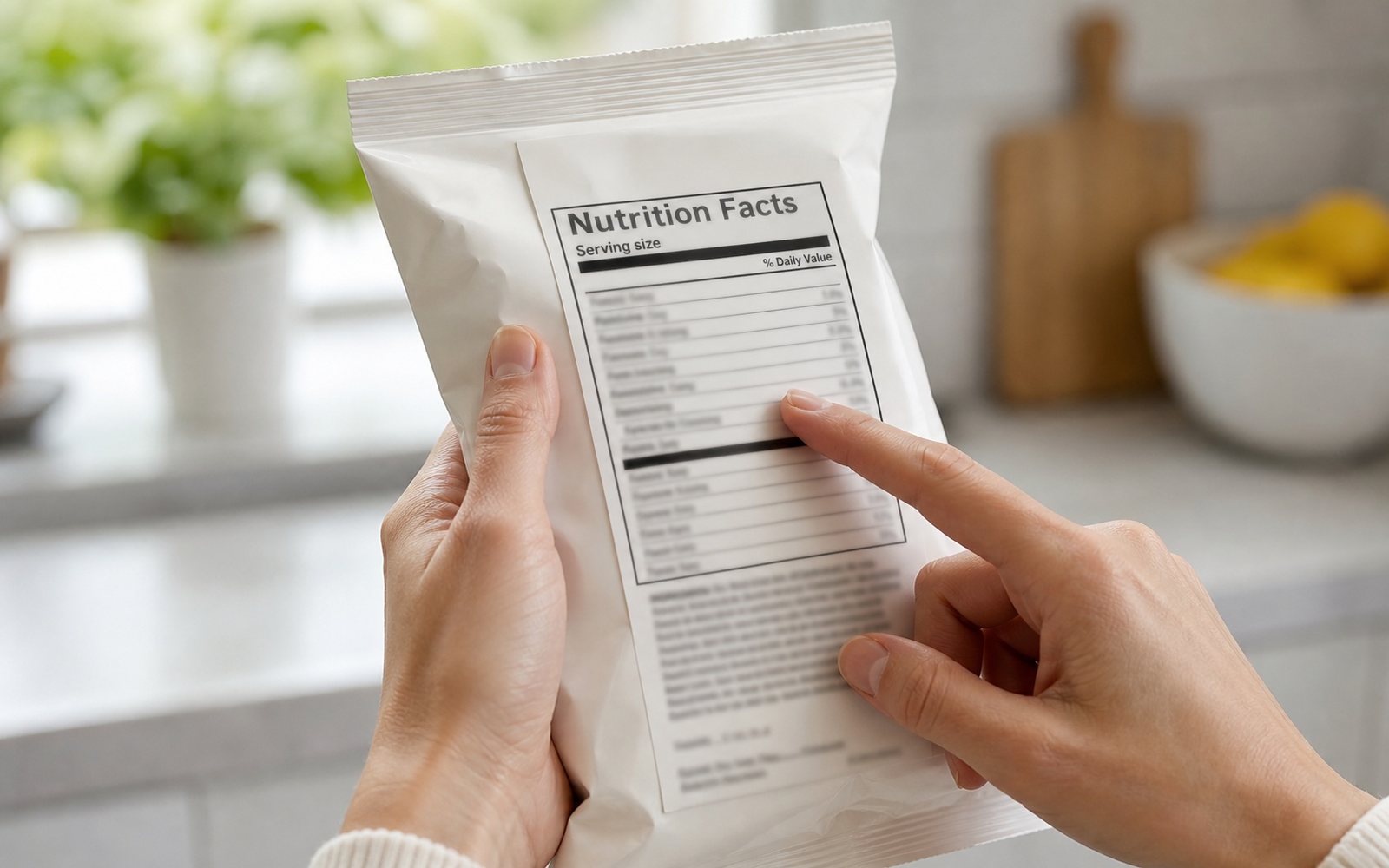 Hands hold a plain white package while one finger points at its Nutrition Facts panel.