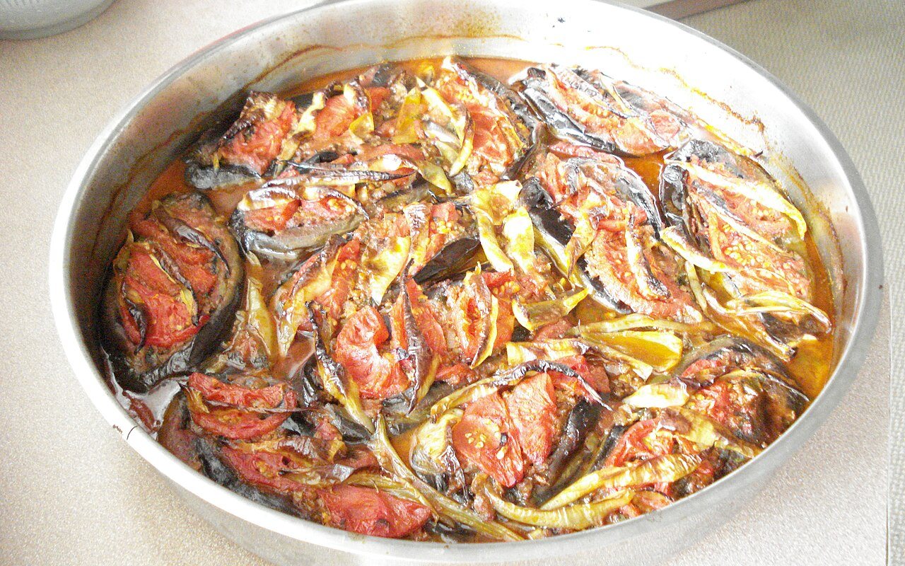 Split eggplants filled with ground beef and onions