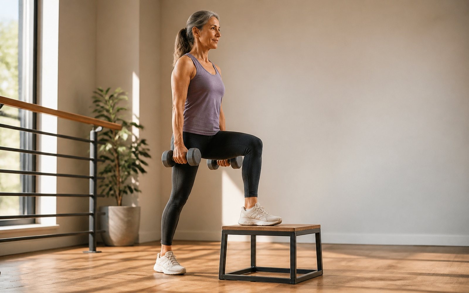 Older woman holds two dumbbells while stepping onto a sturdy exercise box.