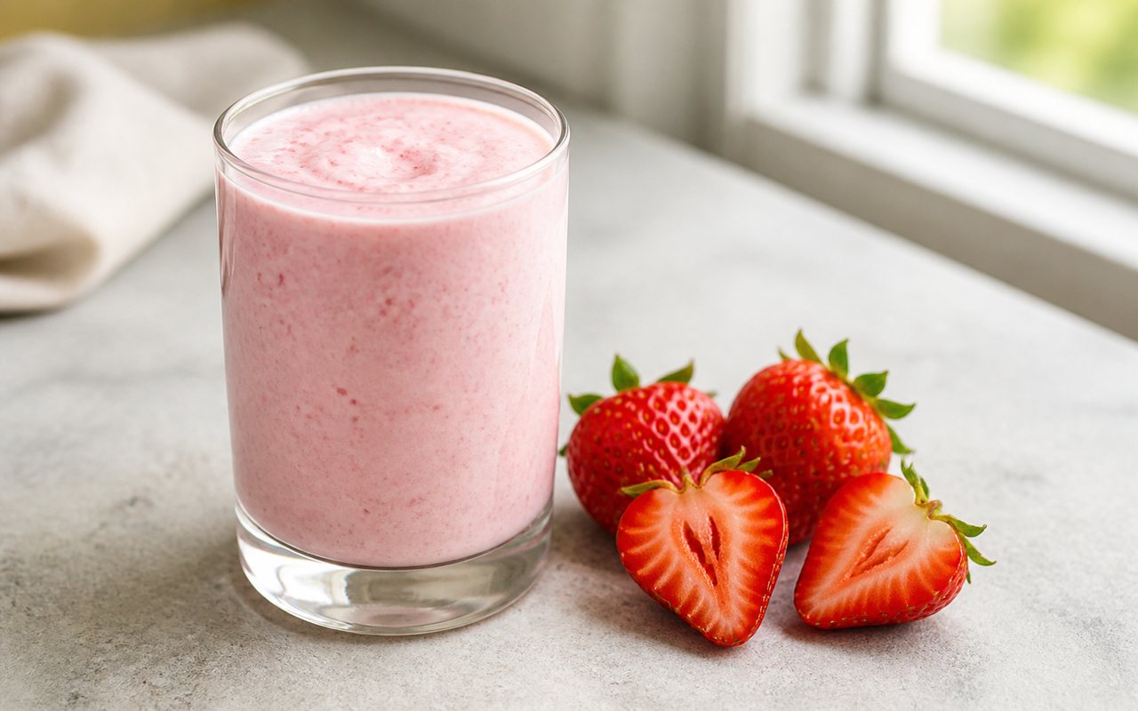 A pink strawberry yogurt smoothie in a clear glass beside fresh strawberries.