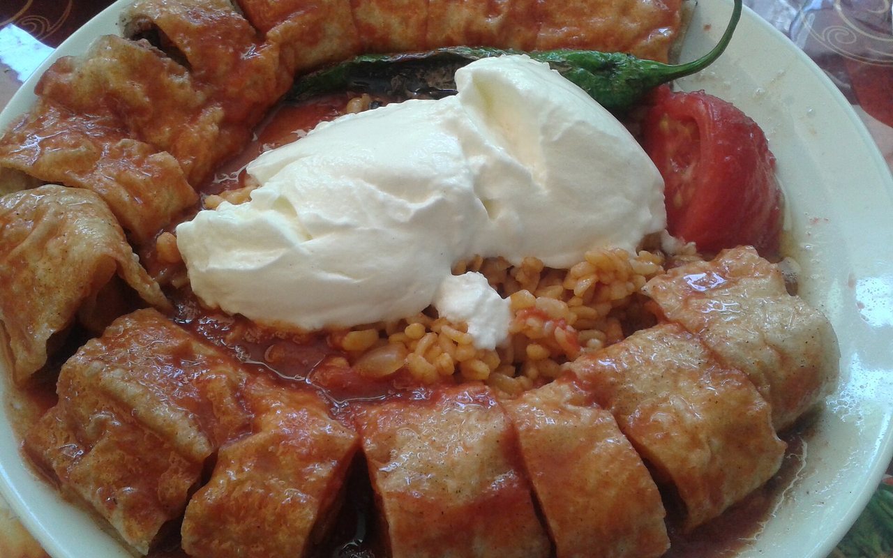Sliced beef-filled yufka rolls with tomato sauce, garlic yogurt, and green peppers
